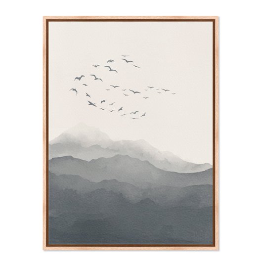 Quadro Em Tela Canvas Paisagem Aquarela Pássaros Nas Montanhas Estilo Japandi