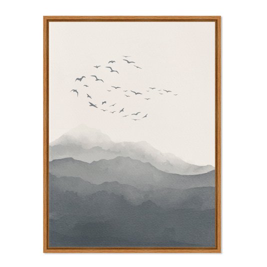 Quadro Em Tela Canvas Paisagem Aquarela Pássaros Nas Montanhas Estilo Japandi