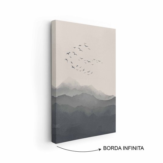 Quadro Em Tela Canvas Paisagem Aquarela Pássaros Nas Montanhas Estilo Japandi