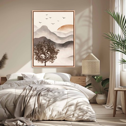 Quadro Em Tela Canvas Paisagem Em Aquarela Pôr Do Sol Estilo Japandi