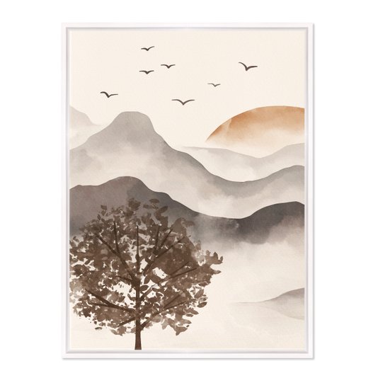 Quadro Em Tela Canvas Paisagem Em Aquarela Pôr Do Sol Estilo Japandi