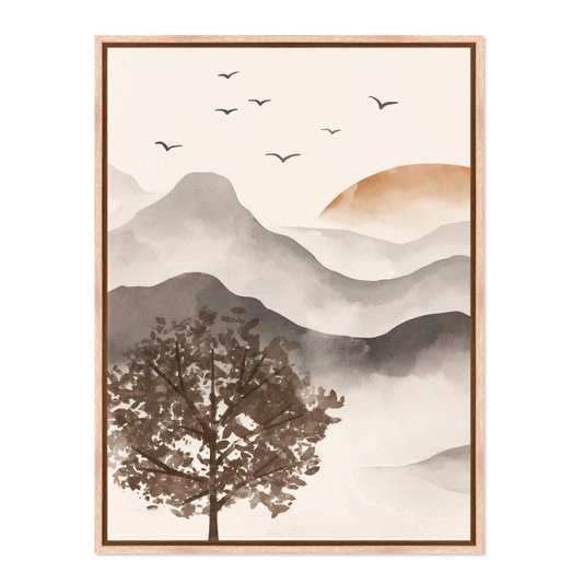 Quadro Em Tela Canvas Paisagem Em Aquarela Pôr Do Sol Estilo Japandi