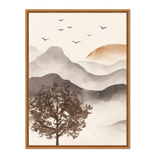 Quadro Em Tela Canvas Paisagem Em Aquarela Pôr Do Sol Estilo Japandi