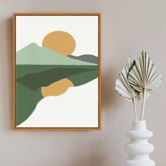Quadro Em Tela Canvas Por Do Sol Nas Montanhas Reflexo Do Lago Estilo Japandi