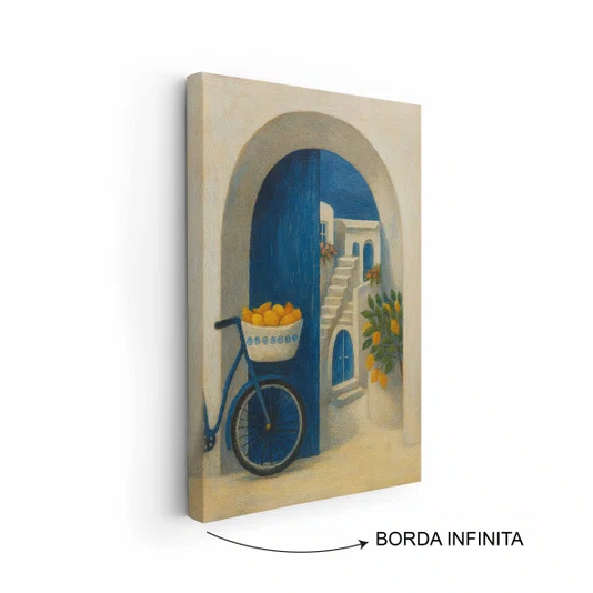 Quadro Em Tela Canvas Portal Azul: Bicicleta com Limões em Contraste com a Escadaria Branca