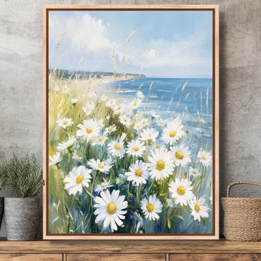 Quadro Em Tela Canvas Praia Com Margaridas Vintage
