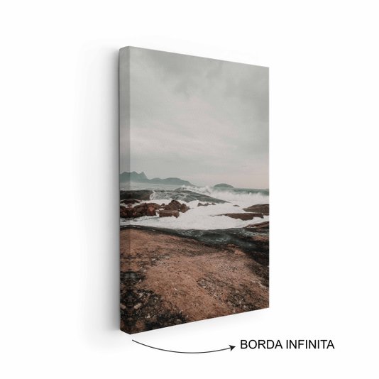 Quadro Em Tela Canvas  Praia Com Rochas na Costa Estilo Japandi