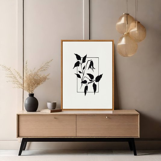 Quadro Em Tela Canvas Ramo Com Flor Minimalista Estilo Japandi