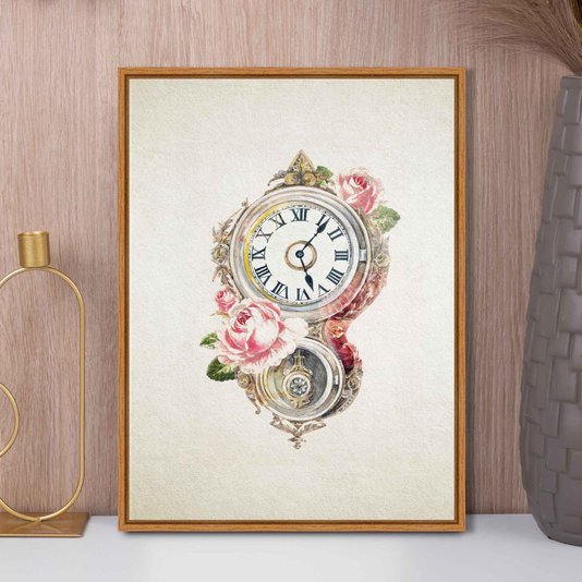 Quadro Em Tela Canvas Relógio Com Flores Vintage Farmhouse