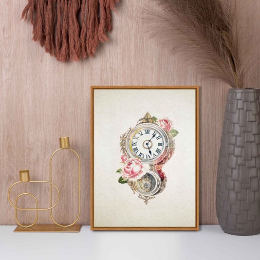 Quadro Em Tela Canvas Relógio Com Flores Vintage Farmhouse