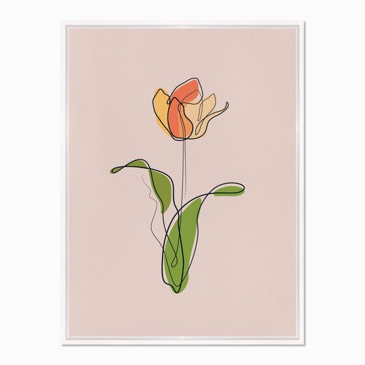 Quadro em Tela Canvas Silhueta Flor Colorida com Folhas Verdes e Fundo Rosa