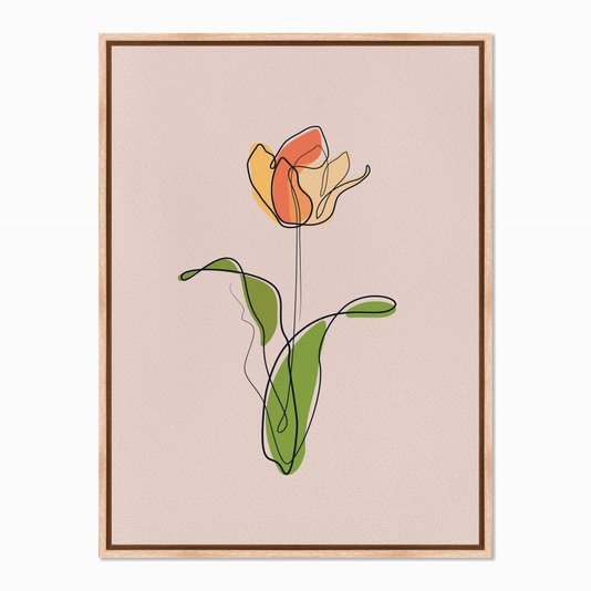 Quadro em Tela Canvas Silhueta Flor Colorida com Folhas Verdes e Fundo Rosa