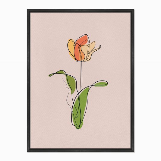 Quadro em Tela Canvas Silhueta Flor Colorida com Folhas Verdes e Fundo Rosa