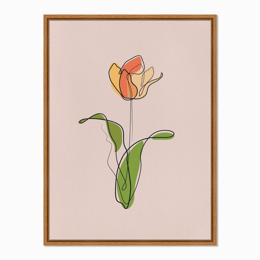 Quadro em Tela Canvas Silhueta Flor Colorida com Folhas Verdes e Fundo Rosa