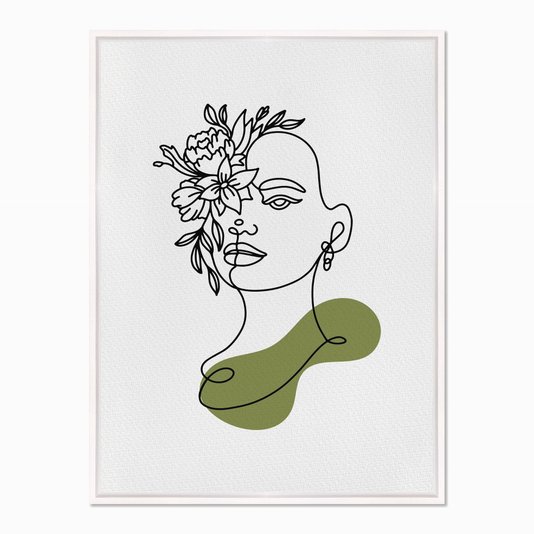 Quadro em Tela Canvas Silhueta Rosto com Flores e Detalhe Verde