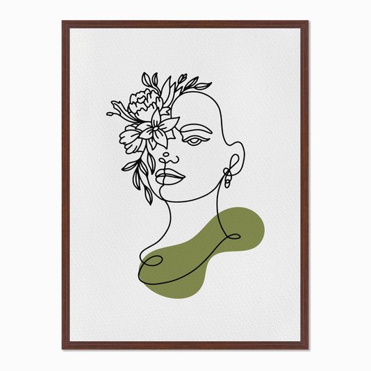 Quadro em Tela Canvas Silhueta Rosto com Flores e Detalhe Verde