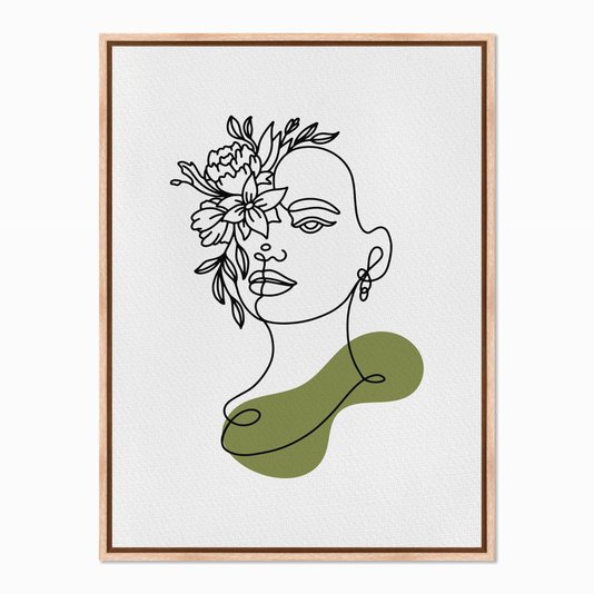 Quadro em Tela Canvas Silhueta Rosto com Flores e Detalhe Verde