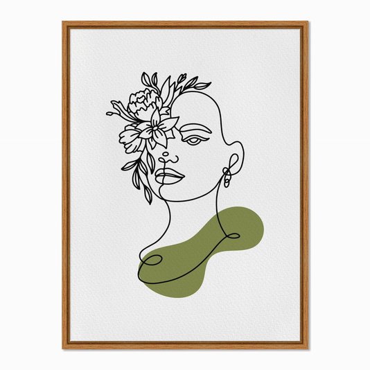 Quadro em Tela Canvas Silhueta Rosto com Flores e Detalhe Verde