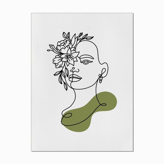 Quadro em Tela Canvas Silhueta Rosto com Flores e Detalhe Verde