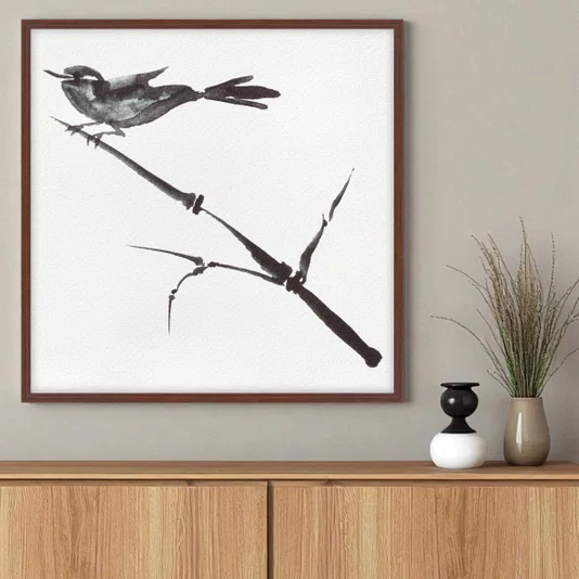 Quadro em Tela Canvas Suzume Pintura de Pardal Pousado em galho no Estilo Sumiê