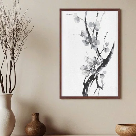 Quadro em Tela Canvas Ume Pintura de Galhos de Amexeira no Estilo Sumiê