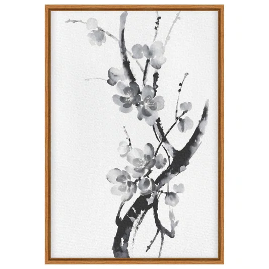 Quadro em Tela Canvas Ume Pintura de Galhos de Amexeira no Estilo Sumiê