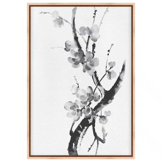 Quadro em Tela Canvas Ume Pintura de Galhos de Amexeira no Estilo Sumiê