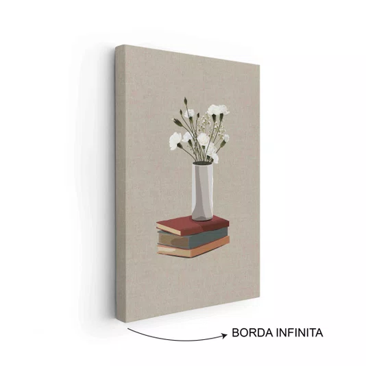Quadro Em Tela Canvas Vaso de Flores e Livros Estilo Modern Heritage