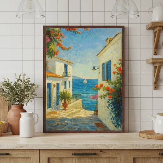 Quadro Em Tela Canvas Viela Grega ao Mar Azul: Buganvílias e Sol Mediterrâneo