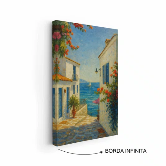 Quadro Em Tela Canvas Viela Grega ao Mar Azul: Buganvílias e Sol Mediterrâneo