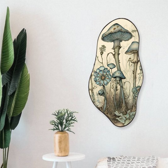 Quadro Orgânico Decorativo Cogumelos e Flores com Moldura Flexível Metalizada