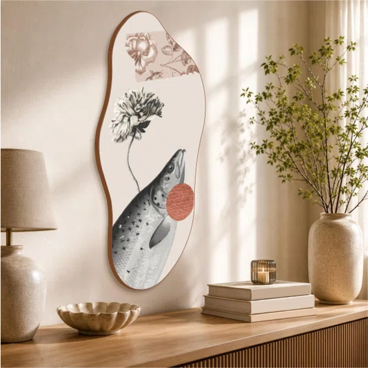 Quadro Orgânico Decorativo Colagem Abstrata Peixe e Flor
