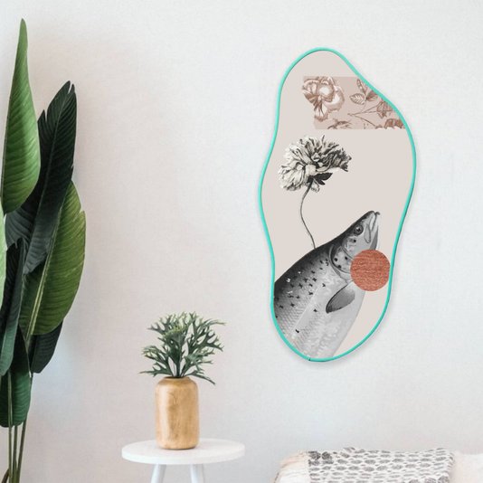 Quadro Orgânico Decorativo Flor e Peixe com Moldura Filete Flexível