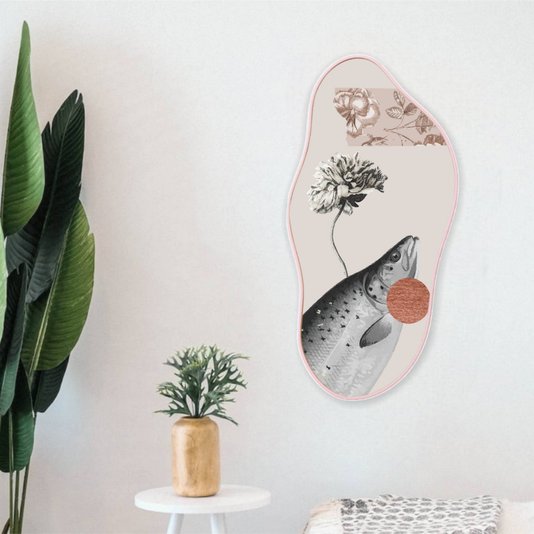 Quadro Orgânico Decorativo Flor e Peixe com Moldura Filete Flexível