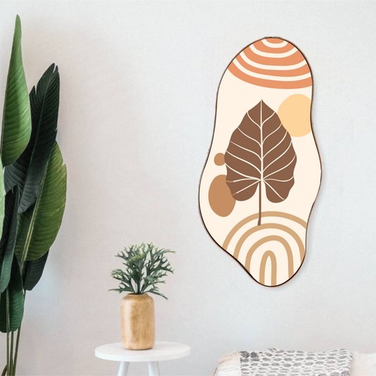 Quadro Orgânico Decorativo Folha e Círculos com Moldura Flexível Metalizada