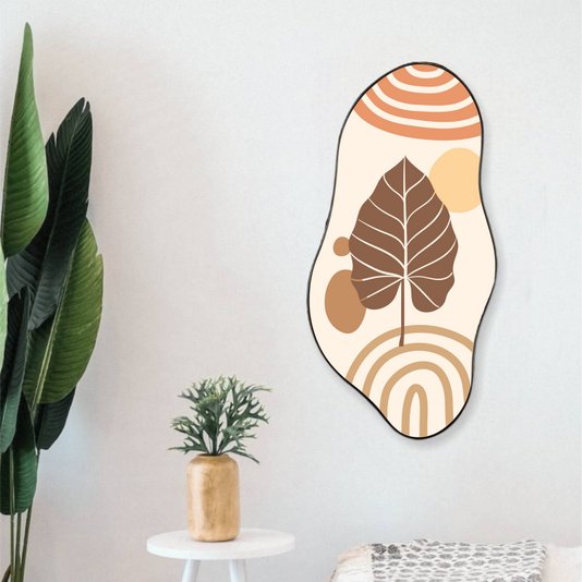 Quadro Orgânico Decorativo Folha e Círculos com Moldura Flexível Metalizada
