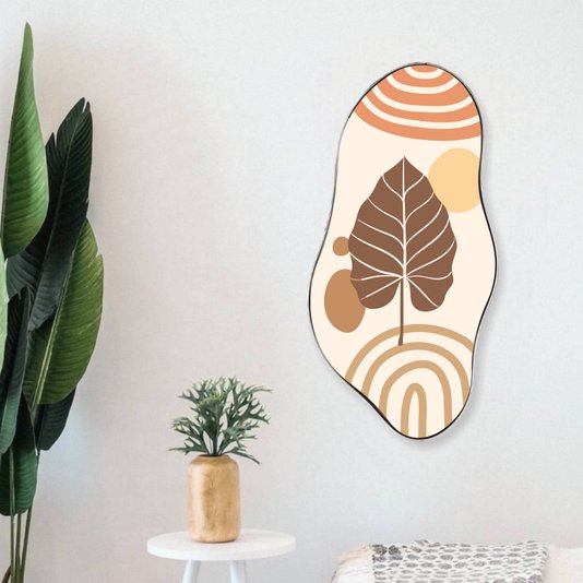 Quadro Orgânico Decorativo Folha e Círculos com Moldura Flexível Metalizada