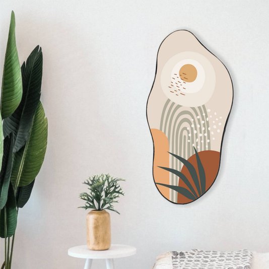 Quadro Orgânico Decorativo Formas Abstratas e Folha com Moldura em Couro Sintético