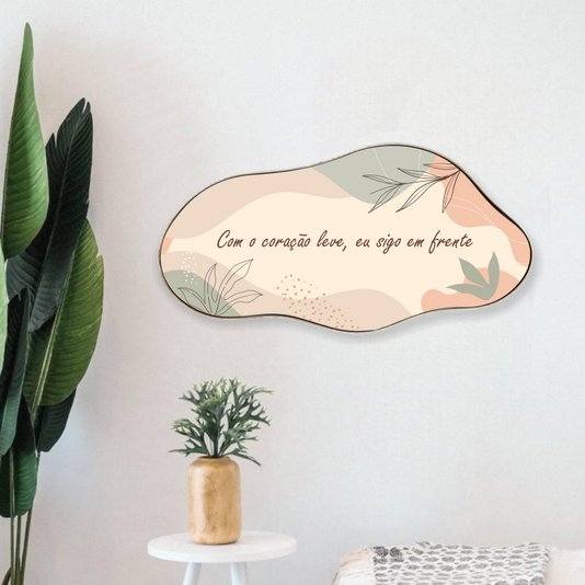 Quadro Orgânico Decorativo Frase Com o Coração Leve, Eu Sigo em Frente com Moldura Flexível Metalizada