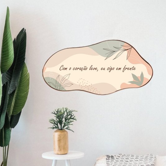 Quadro Orgânico Decorativo Frase Com o Coração Leve, Eu Sigo em Frente com Moldura Flexível Metalizada