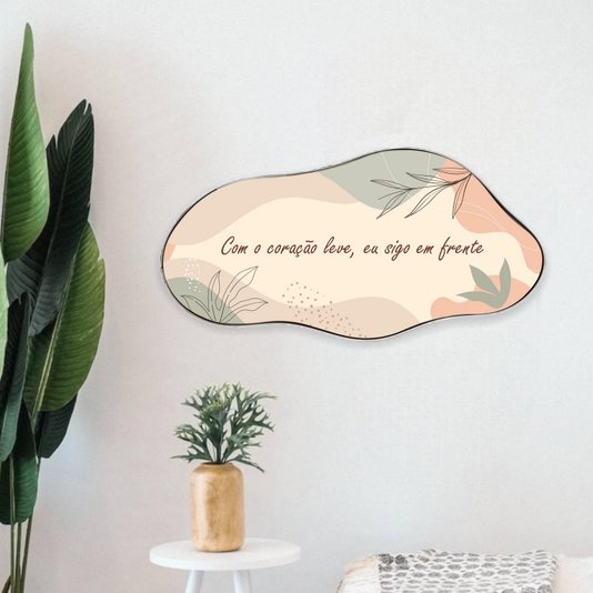 Quadro Orgânico Decorativo Frase Com o Coração Leve, Eu Sigo em Frente com Moldura Flexível Metalizada