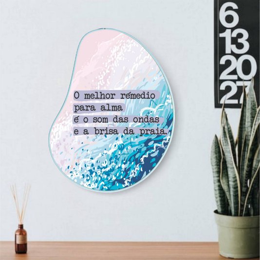 Quadro Orgânico Decorativo Frase O Melhor Remédio Para Alma é o Som das Ondas e a Brisa da Praia com Moldura Filete Flexível