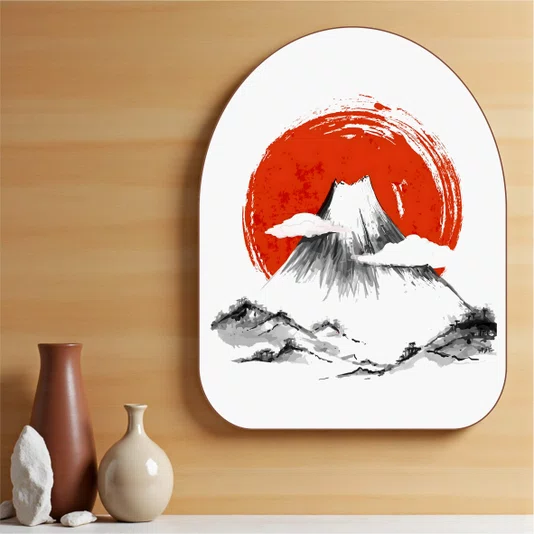 Quadro Orgânico Decorativo Fujisan Taiyo Pintura do Monte Fuji em Frente ao Sol no Estilo Sumiê com Moldura em Couro Sin