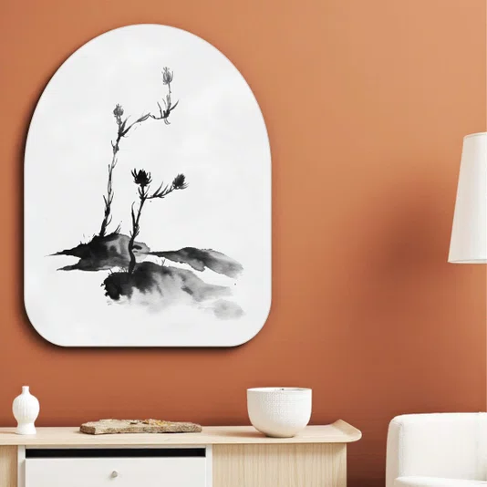 Quadro Orgânico Decorativo Hana Pintura de Flor em Meio à Vegetação no Estilo Sumiê com Moldura em Couro Sintético