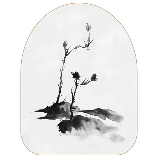 Quadro Orgânico Decorativo Hana Pintura de Flor em Meio à Vegetação no Estilo Sumiê com Moldura em Couro Sintético