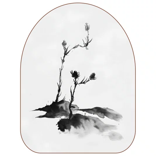 Quadro Orgânico Decorativo Hana Pintura de Flor em Meio à Vegetação no Estilo Sumiê com Moldura em Couro Sintético