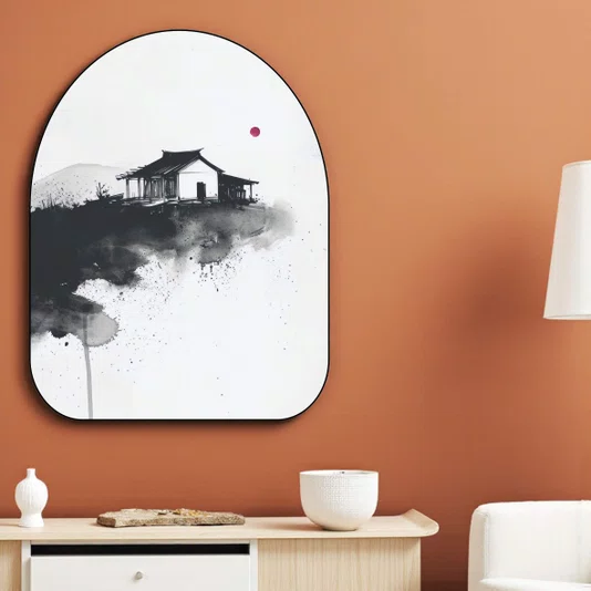 Quadro Orgânico Decorativo Ie Taiyo Pintura de Casa com o Sol ao fundo no Estilo Sumiê com Moldura em Couro Sintético