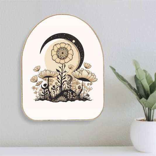 Quadro Orgânico Decorativo Jardim de Flores Sob o Luar com Moldura em Couro Sintético