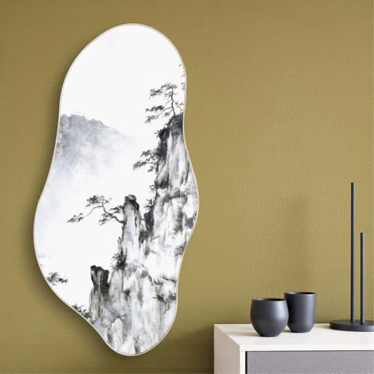 Quadro Orgânico Decorativo Ki Yama Arte de Árvores na Montanha no Estilo Sumiê com Moldura em Couro Sintético