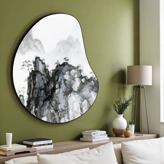 Quadro Orgânico Decorativo Ki Yama Pintura de Árvores na Montanha no Estilo Sumiê com Moldura em Couro Sintético